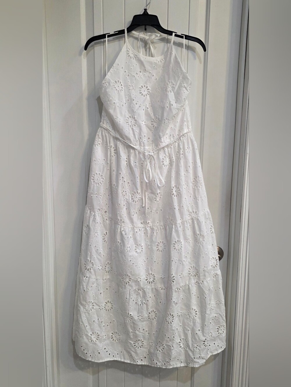 Time and Tru White Eyelet Halter Maxi Dress with Waist Tie